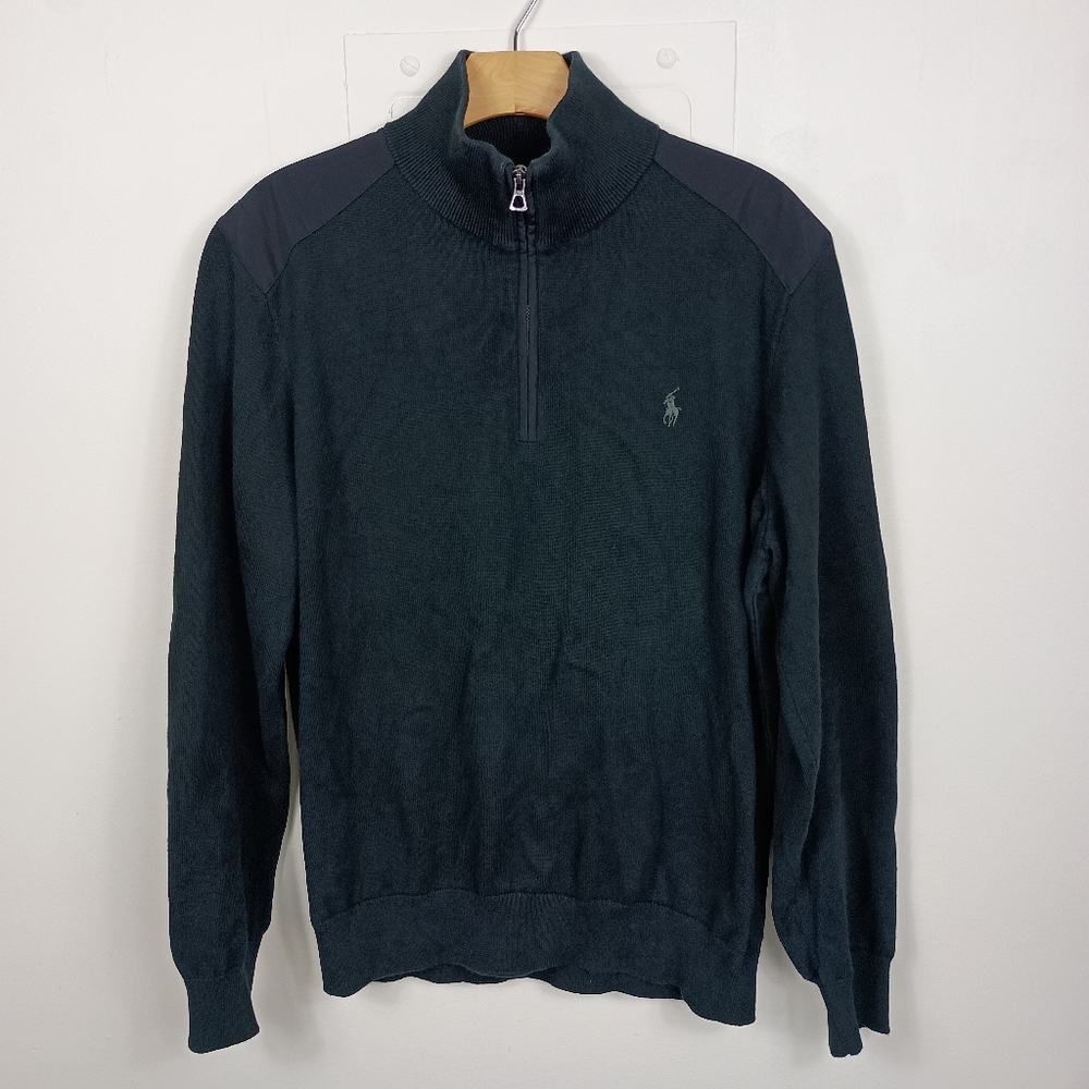 Polo Ralph Lauren Pullover Sweater Large Mens Black 1/4 Zip Contrast Patches